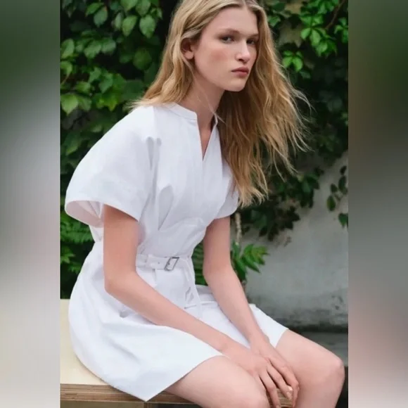 ZARA White Belted Mini Dress Pleated Short Sleeve Size S - Picture 4 of 15